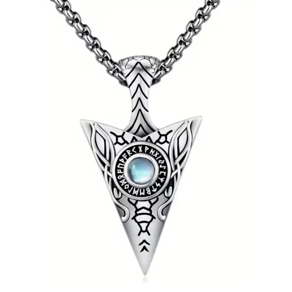 Viking Inspired Norse god Odin Arrowhead Necklace Synthetic Blue Moonstone